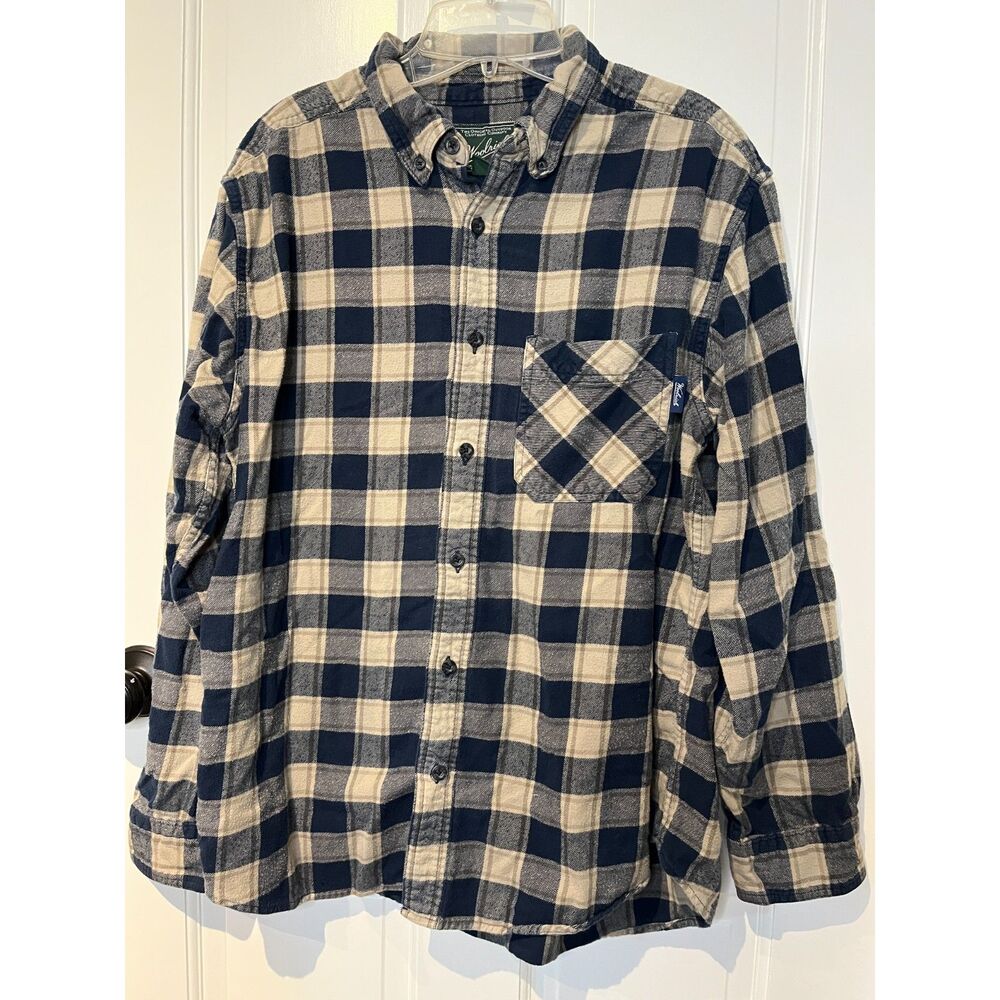 Woolrich Men’s Large Flannel Shirt Blue Tan Plaid 100% Cotton Button Down